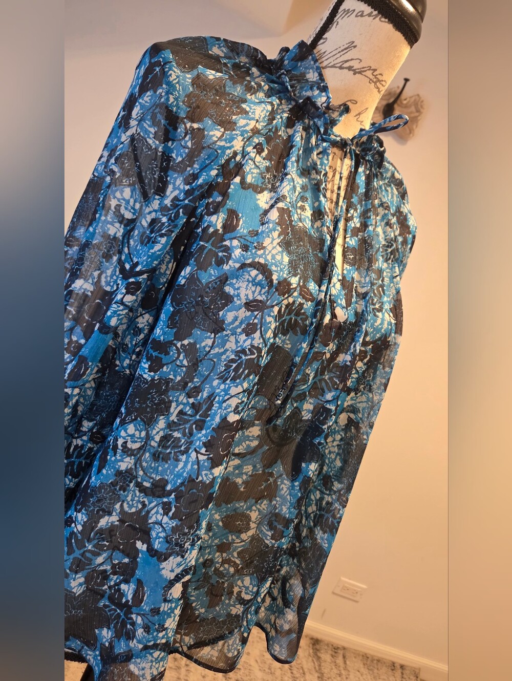 Anthropologie Blue Floral Tie-Neck Sheer Blouse, Size S. - Picture 12 of 15